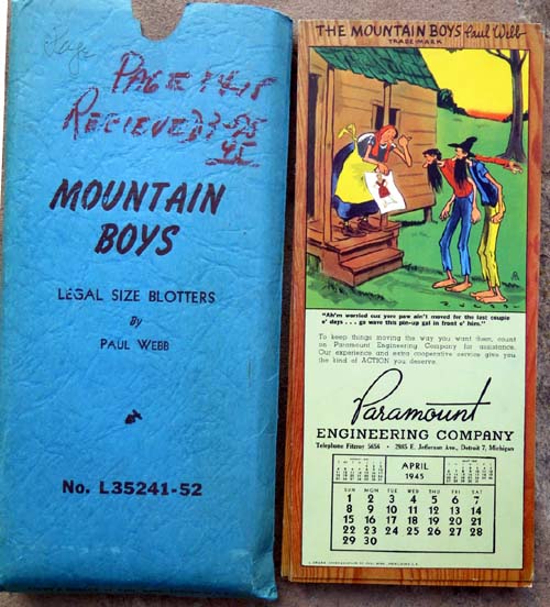 SET OF (12) MOUNTAIN BOYS LEGAL SIZE BLOTTERS. Features 1945 monthly calendars with hillbilly themed cartoons. 